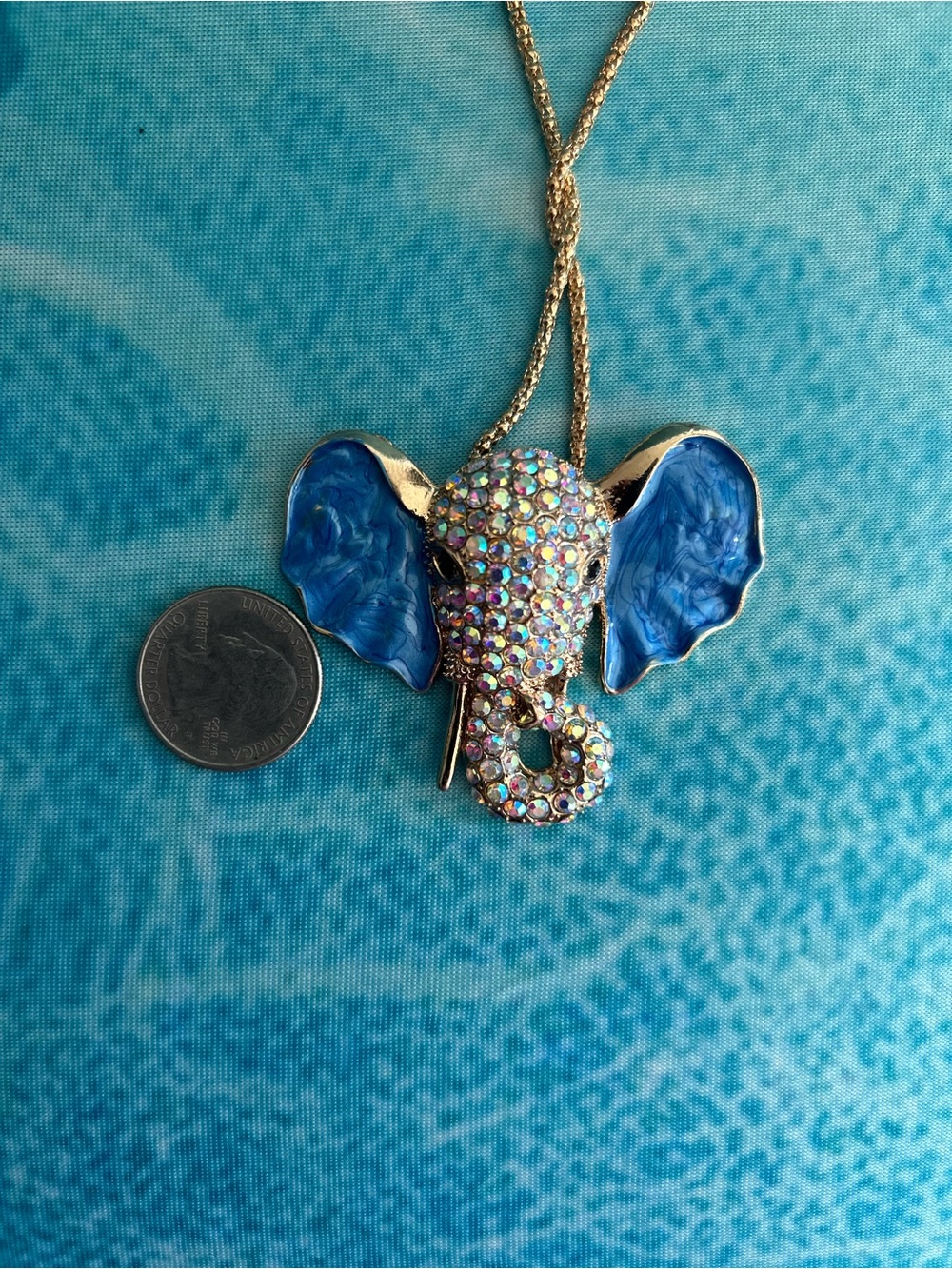 Gold Elephant Pendant Necklace Blue Enamel Ears and Aurora Rhinestones. dr 50